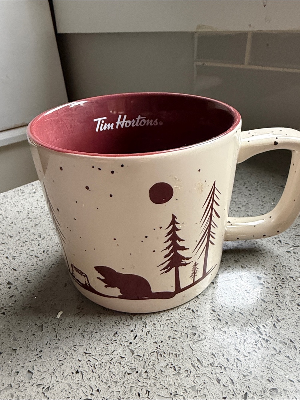 Tim Hortons Rustic Lodge Ceramic Coffee Mug - Cream with Maroon Interior